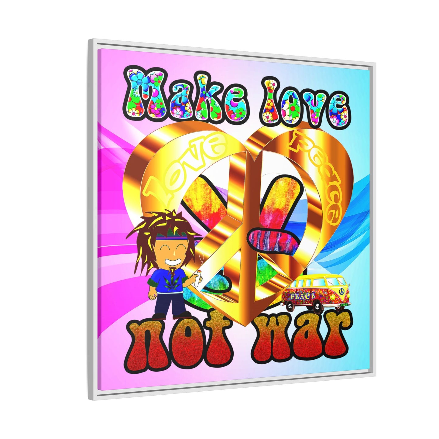 love peace - framed canvas art (light blue-pink wave)