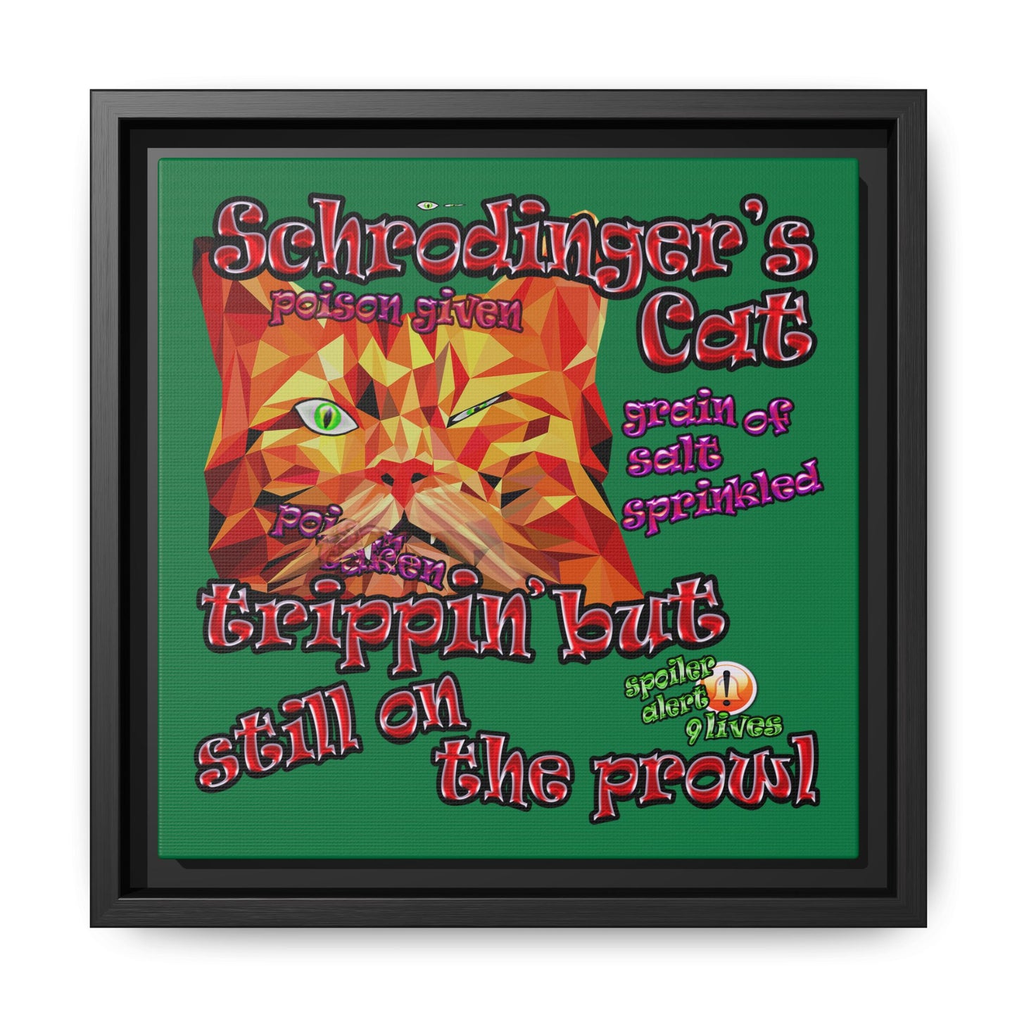 schrodinger's cat - framed canvas art (dark green)