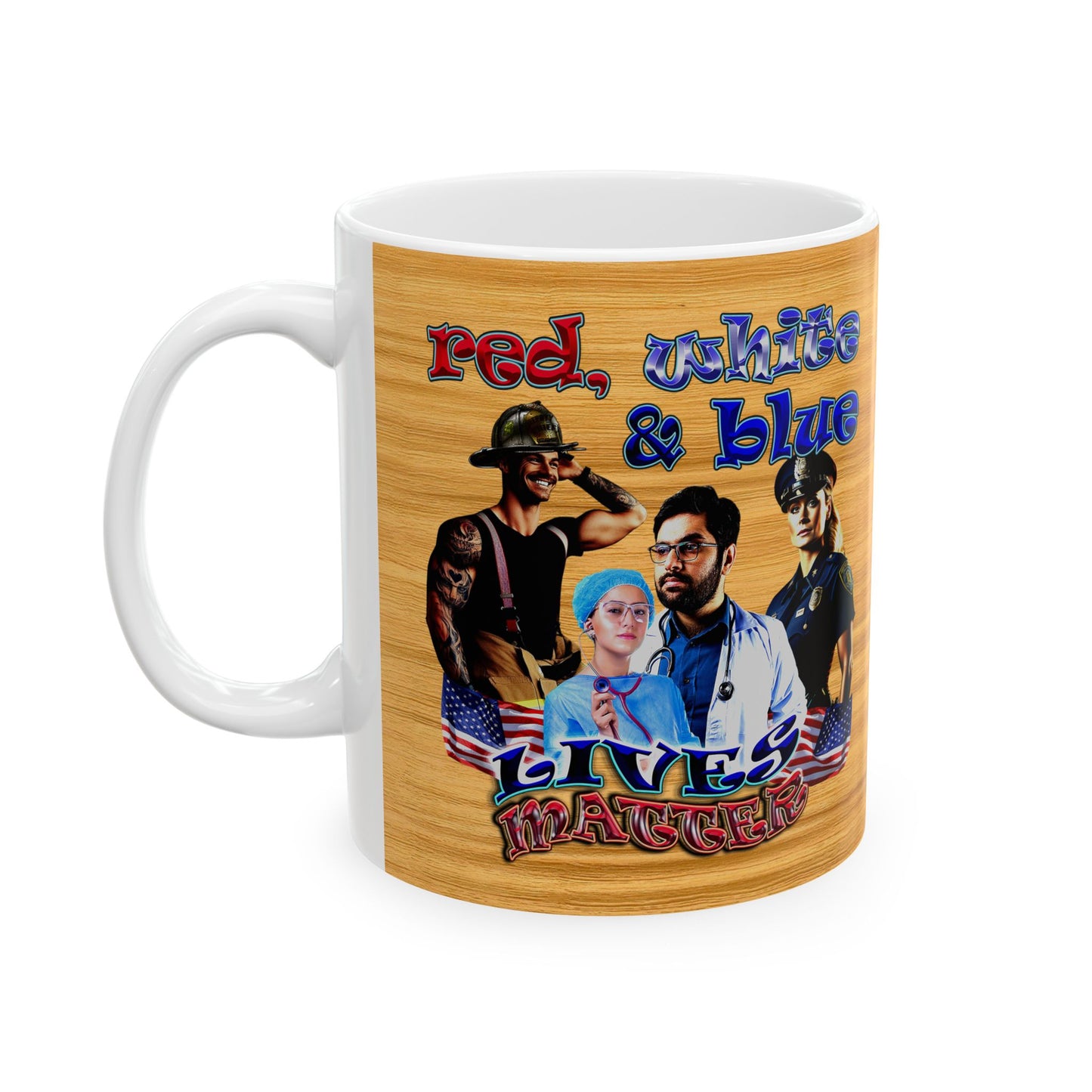rw&b lives matter - White Mug (butterscotch wood finish)