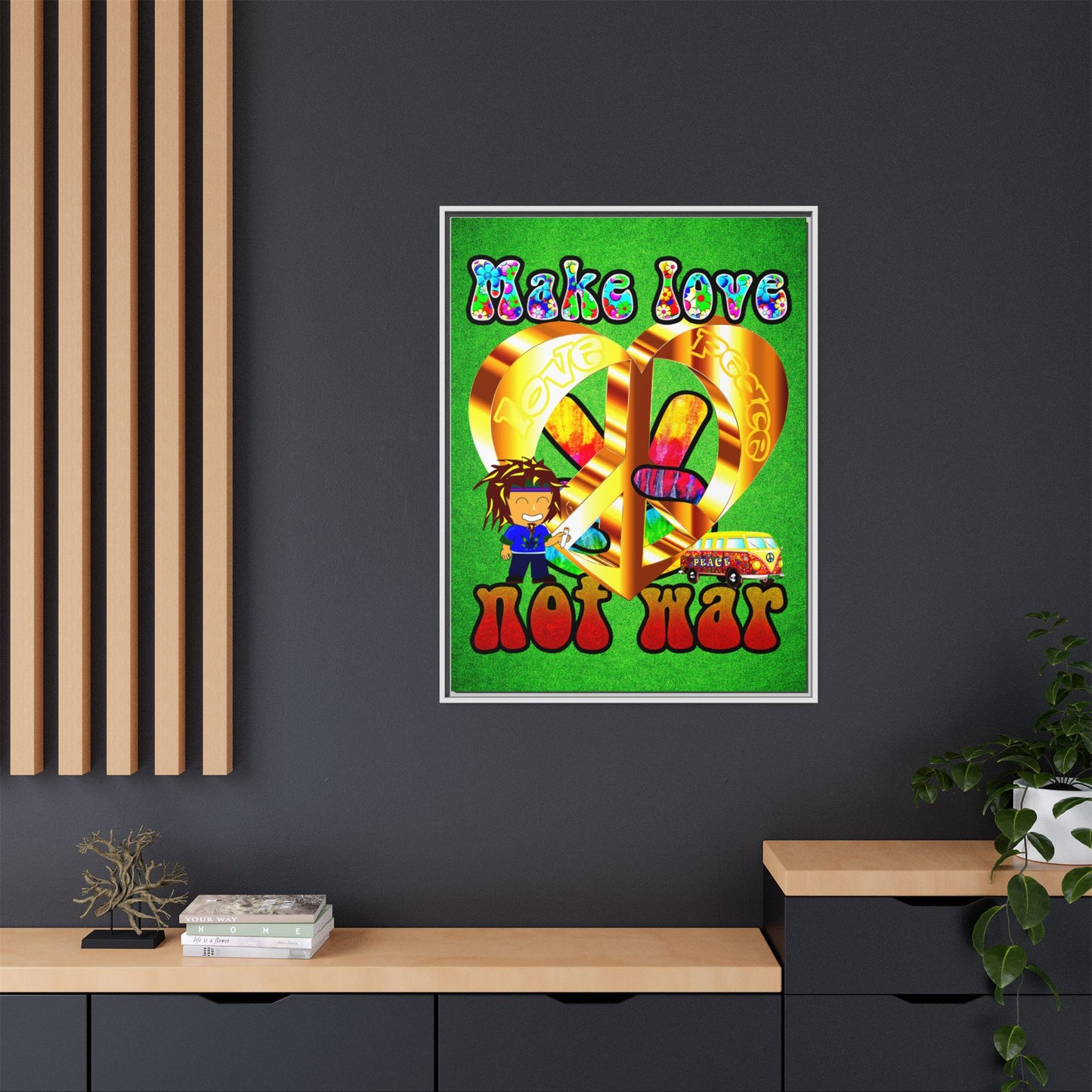 love peace - framed canvas art (green turf)
