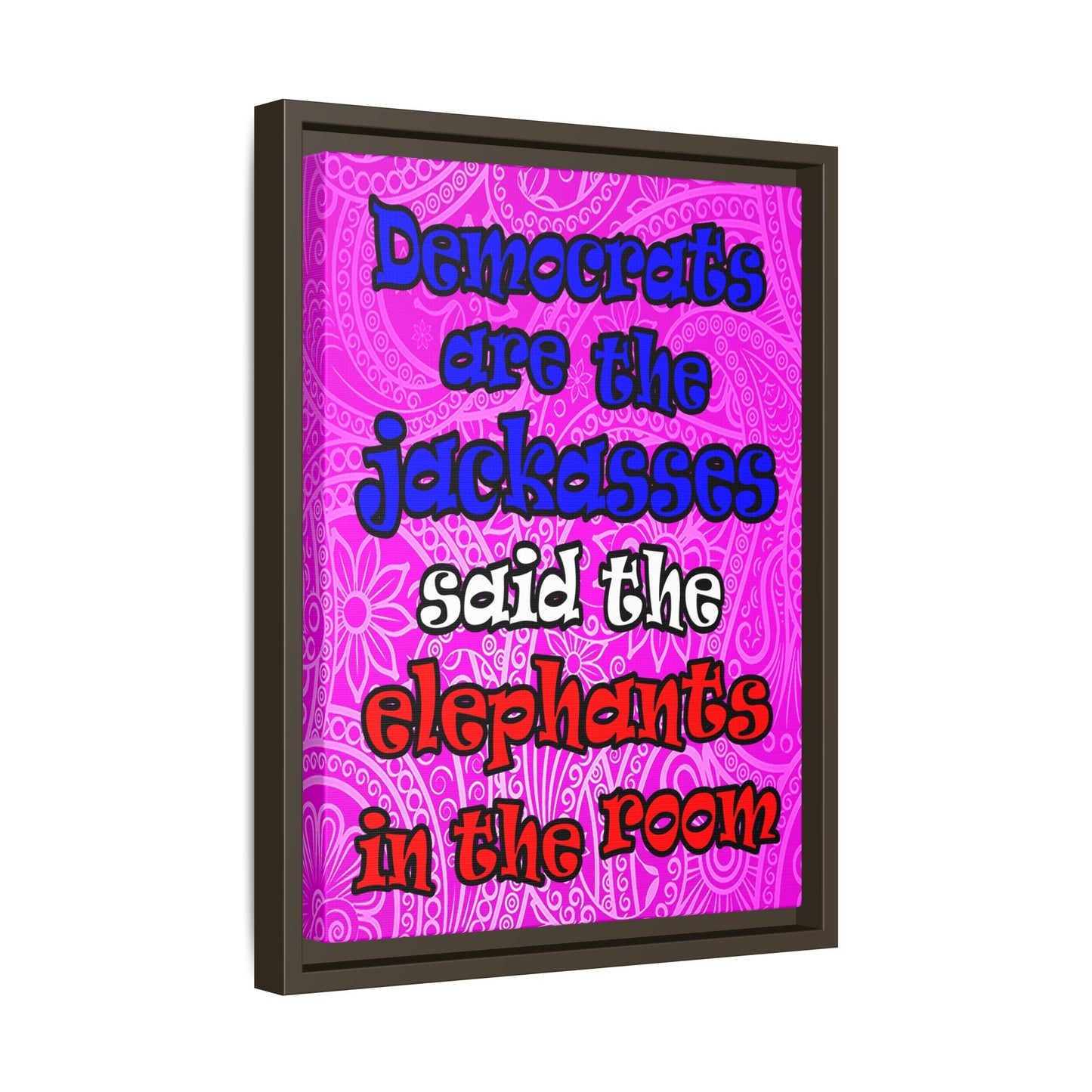 donkeys and elephants - framed canvas art (pink swirl)