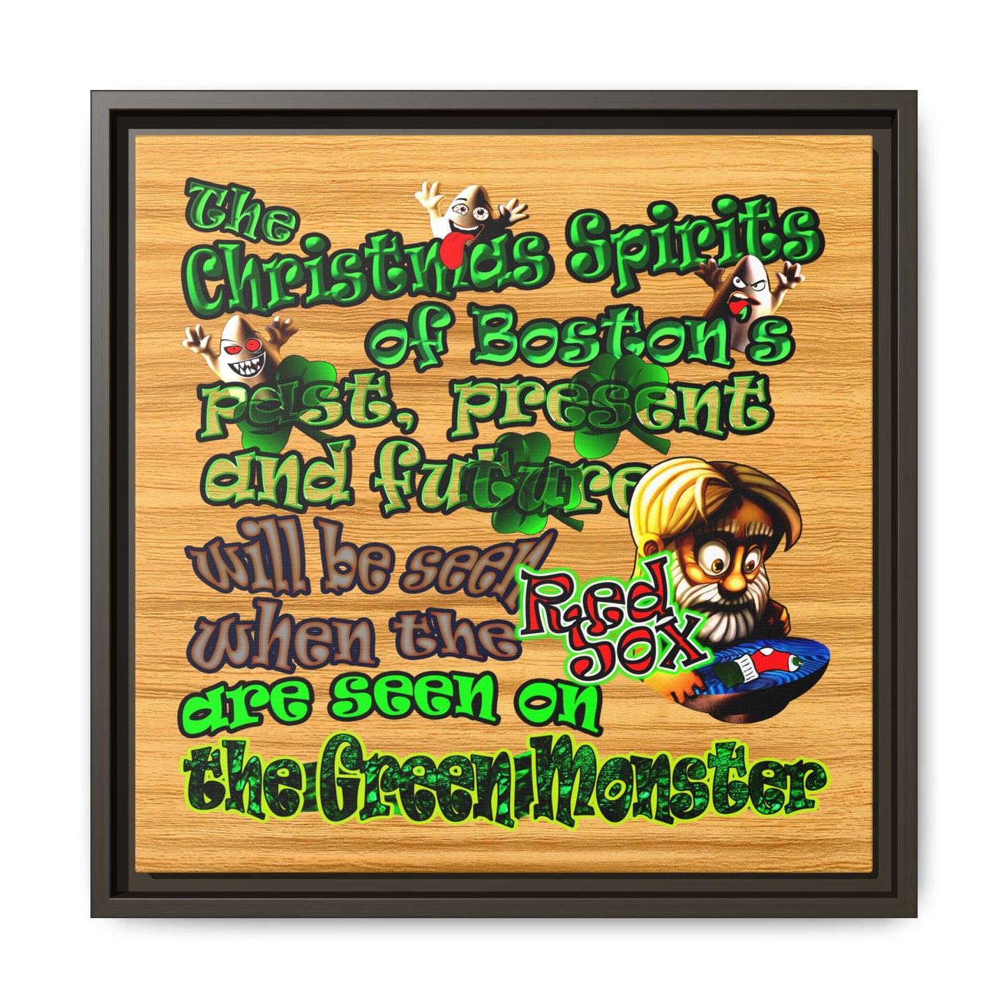 christmas spirits of boston - framed canvas art (butterscotch wood finish)