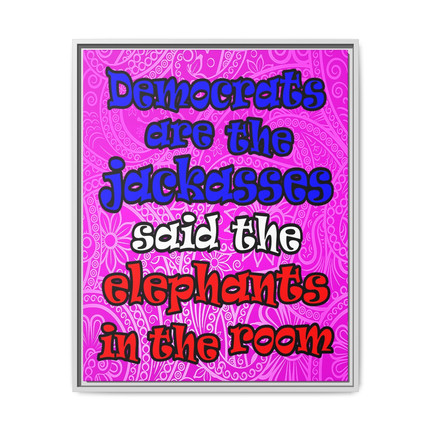 donkeys and elephants - framed canvas art (pink swirl)