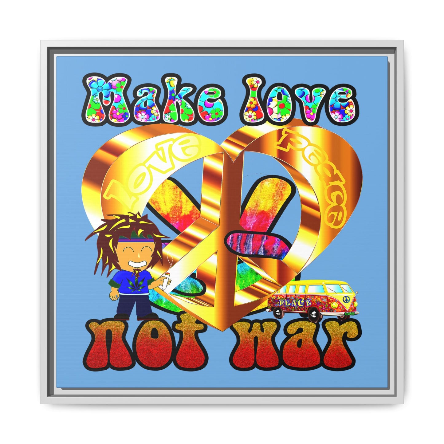 love peace - framed canvas art (light blue)