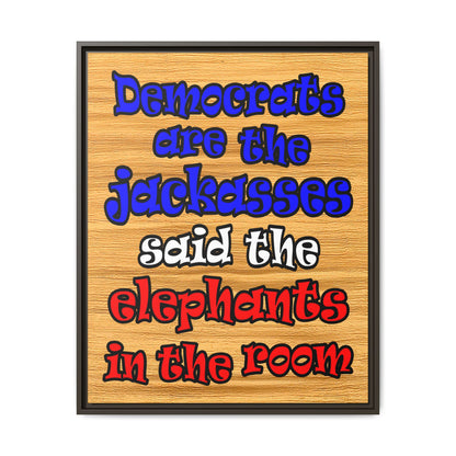 donkeys and elephants - framed canvas art (butterscotch wood finish)