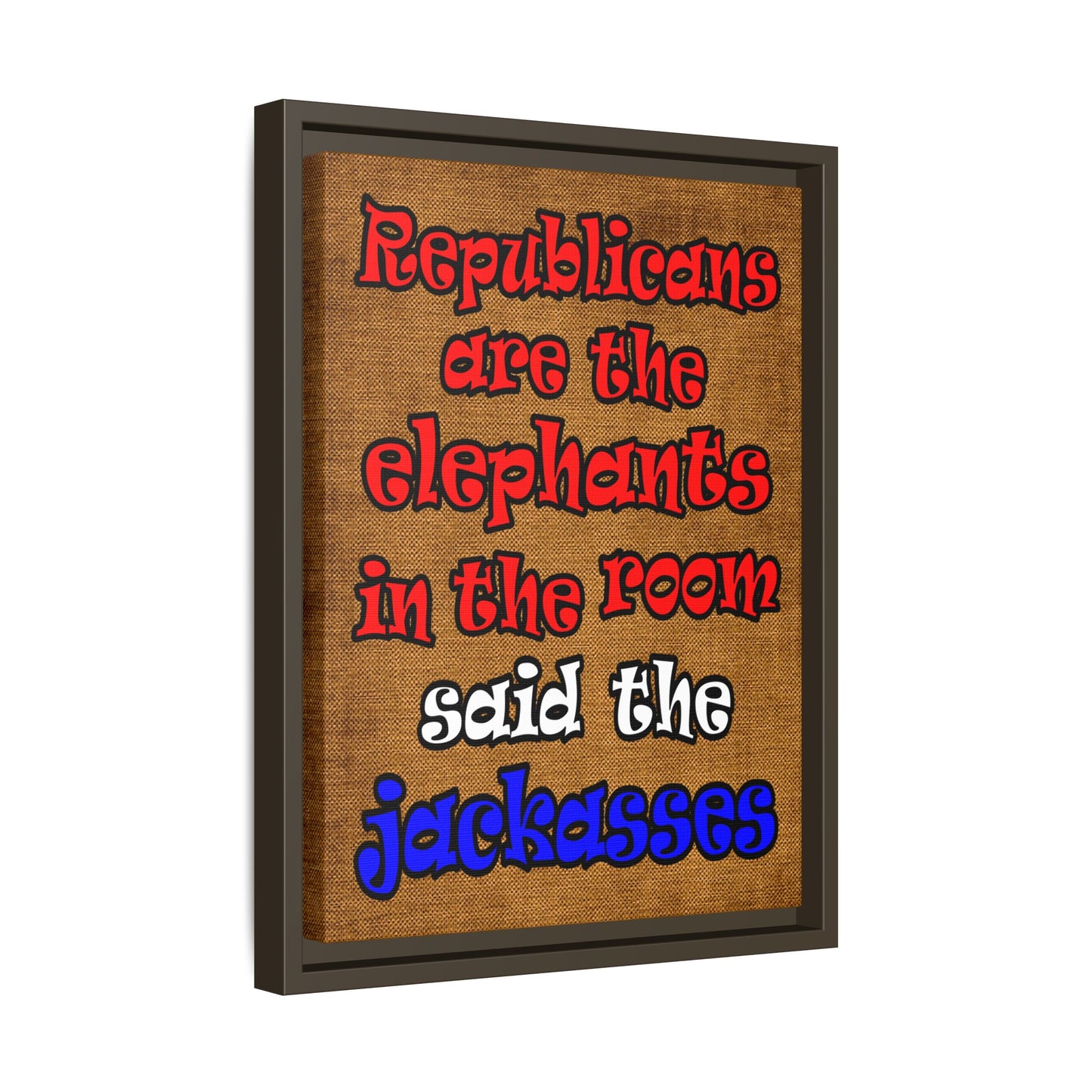 donkeys and elephants - framed canvas art (brown papyrus)