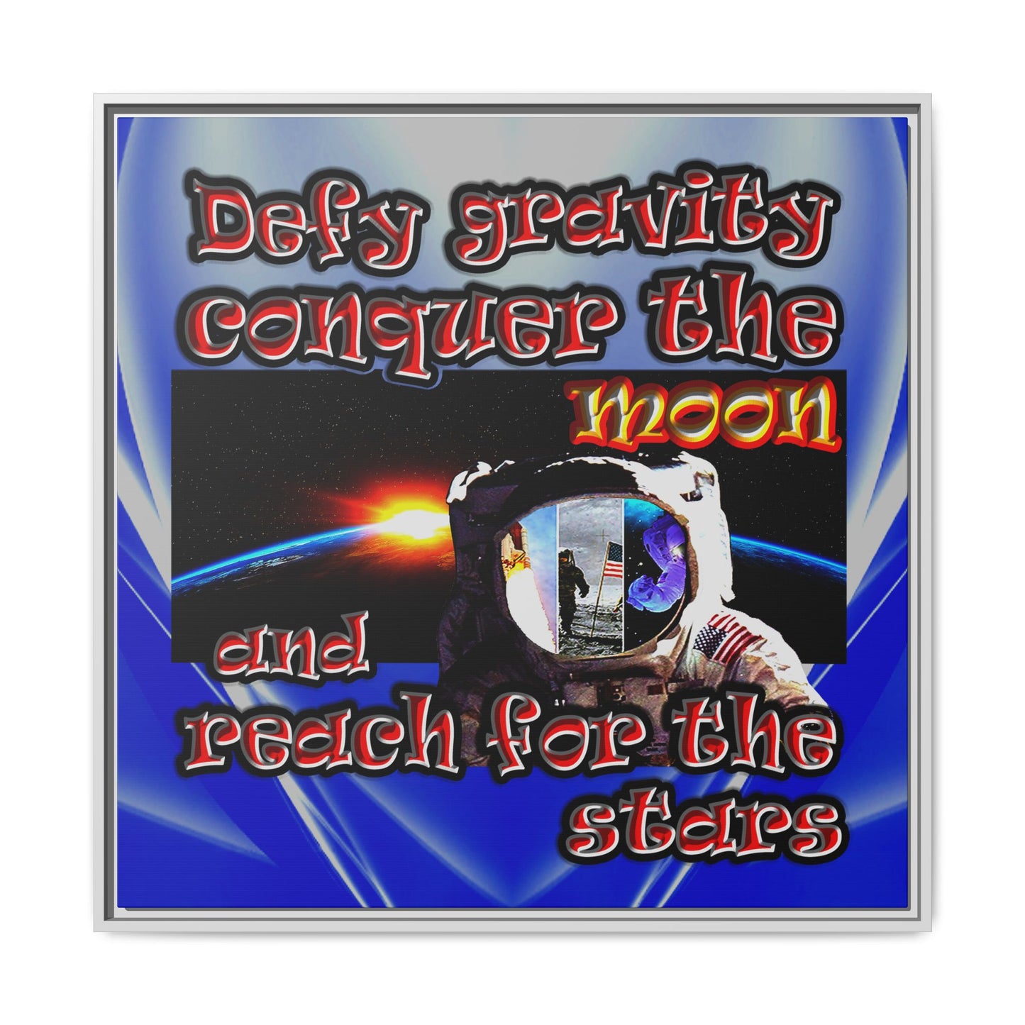 defy conquer reach - framed canvas art (blue-white wave)