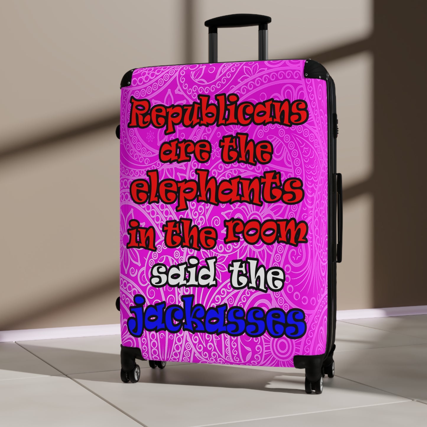 donkeys and elephants - Suitcase (pink swirl)