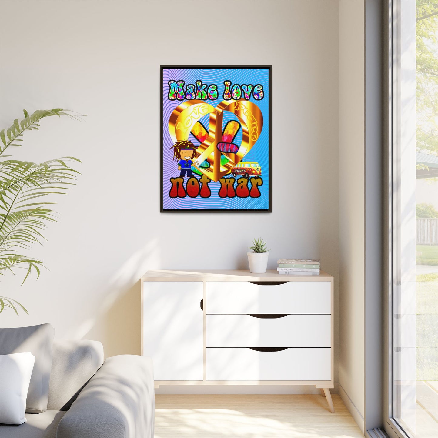 love peace - framed canvas art (light blue-purple wave)