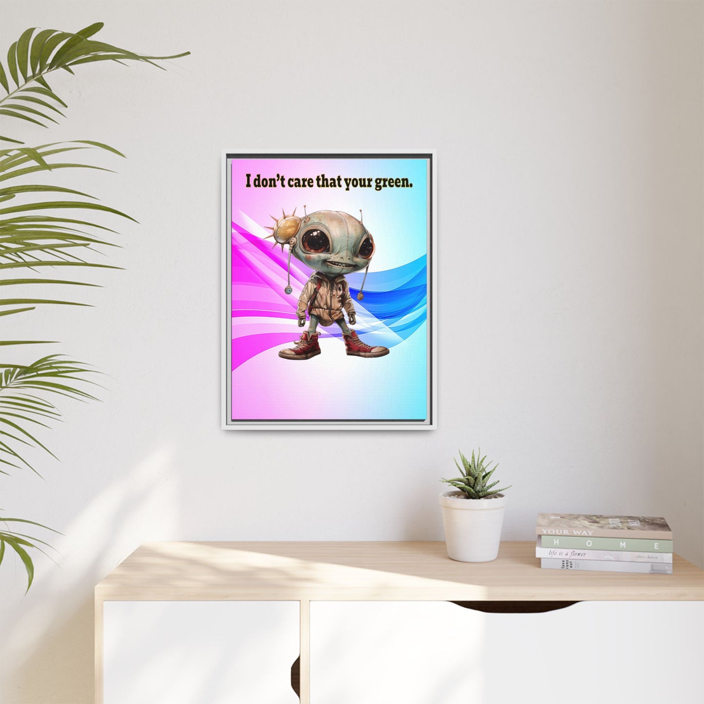 I don't care that your green - framed canvas art (light blue-pink wave)