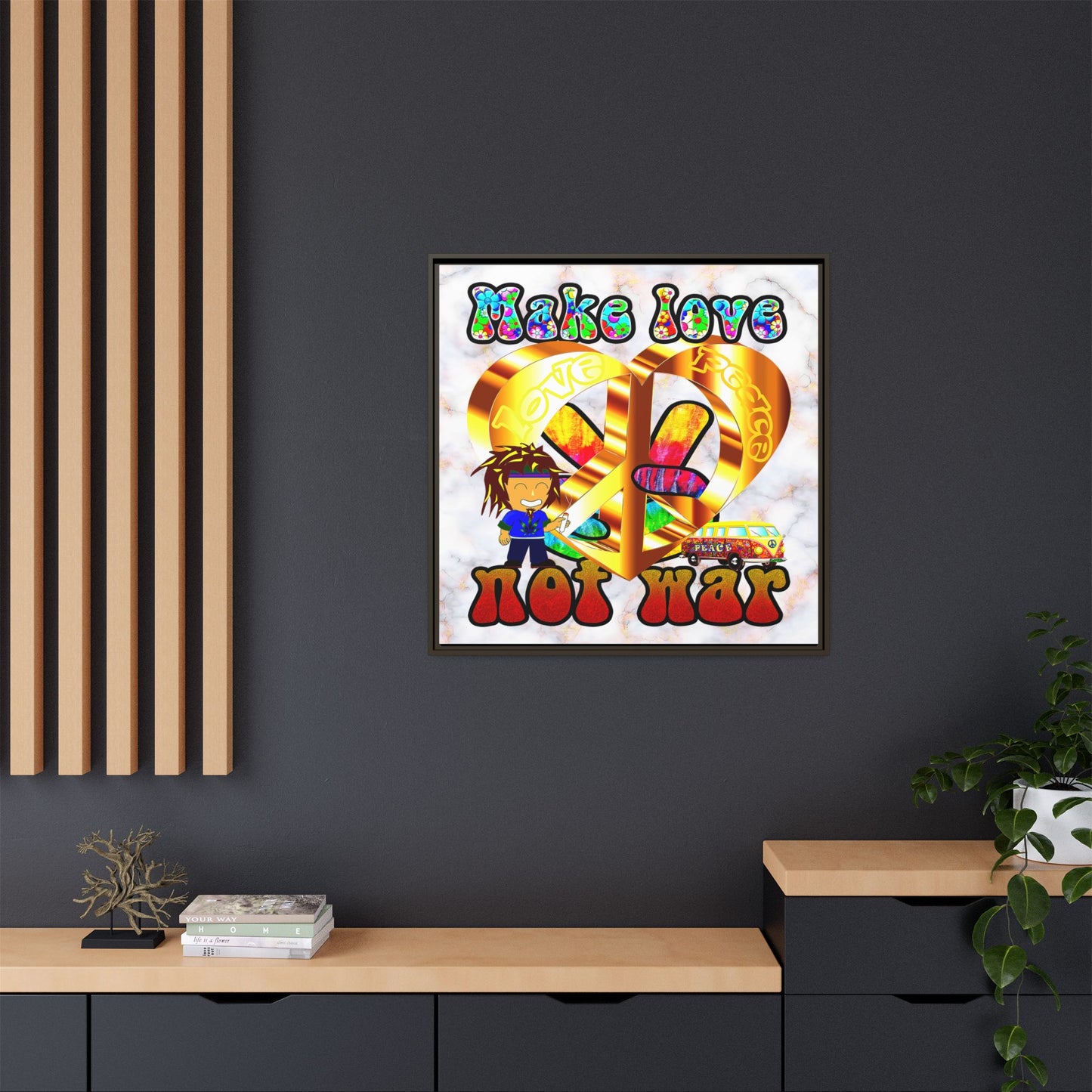 love peace - framed canvas art (white marble)