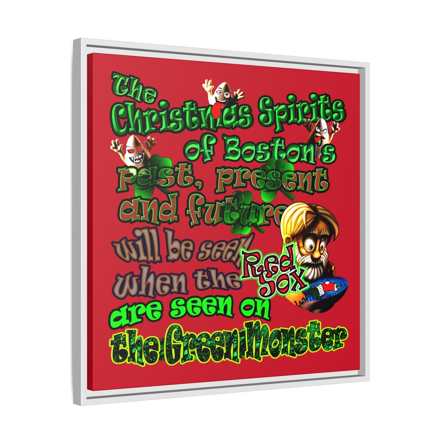 christmas spirits of boston - framed canvas art (dark red)