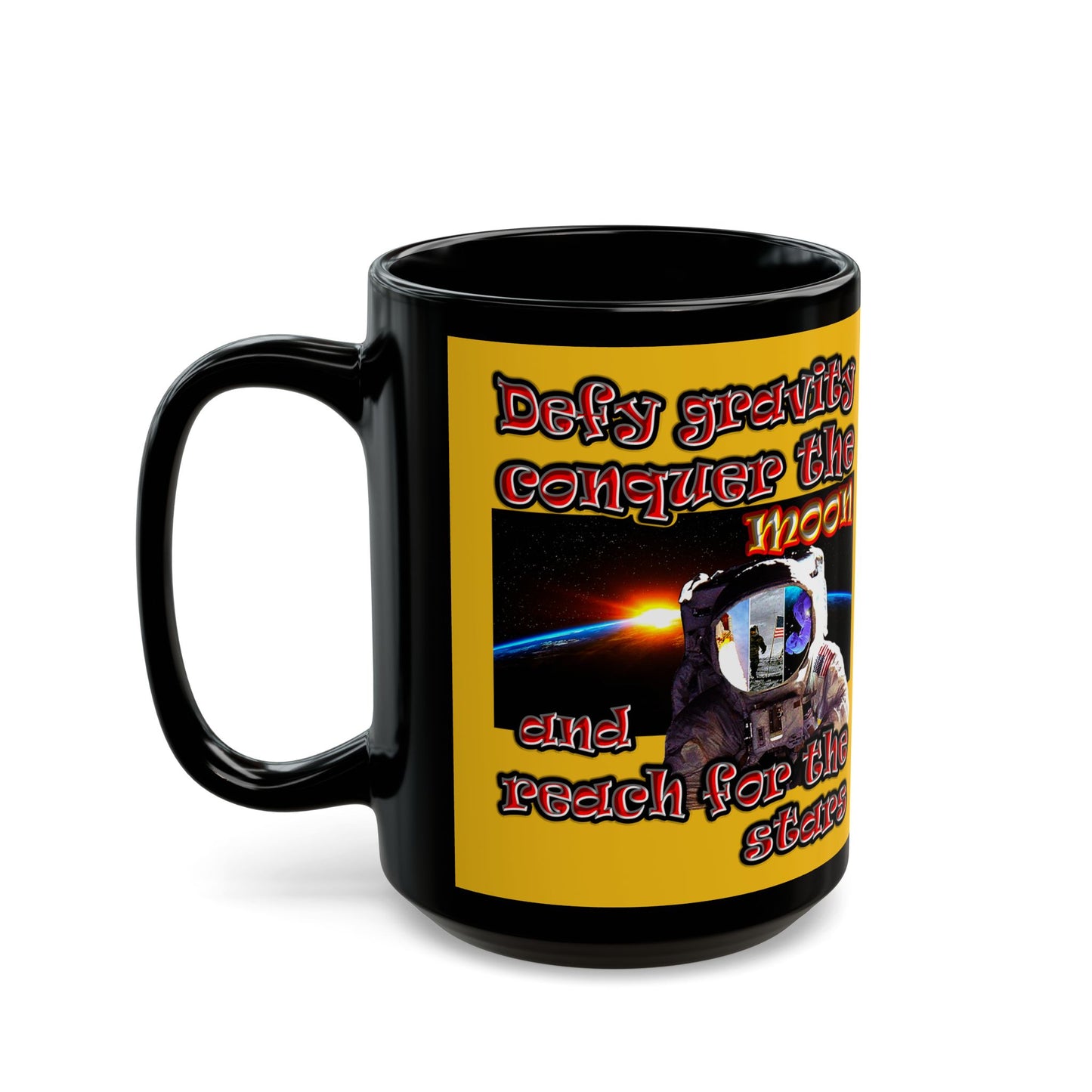 defy conquer reach - Black Mug (yellow)