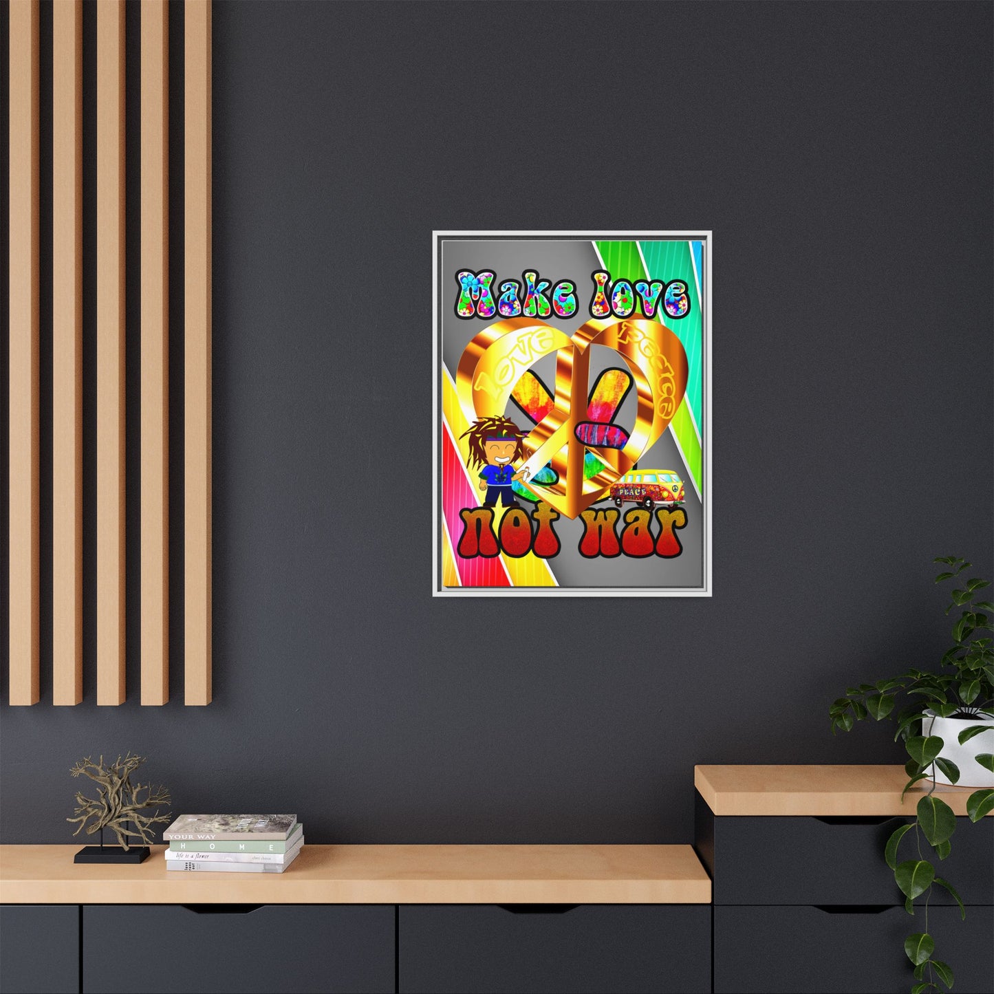 love peace - framed canvas art (rainbow split)