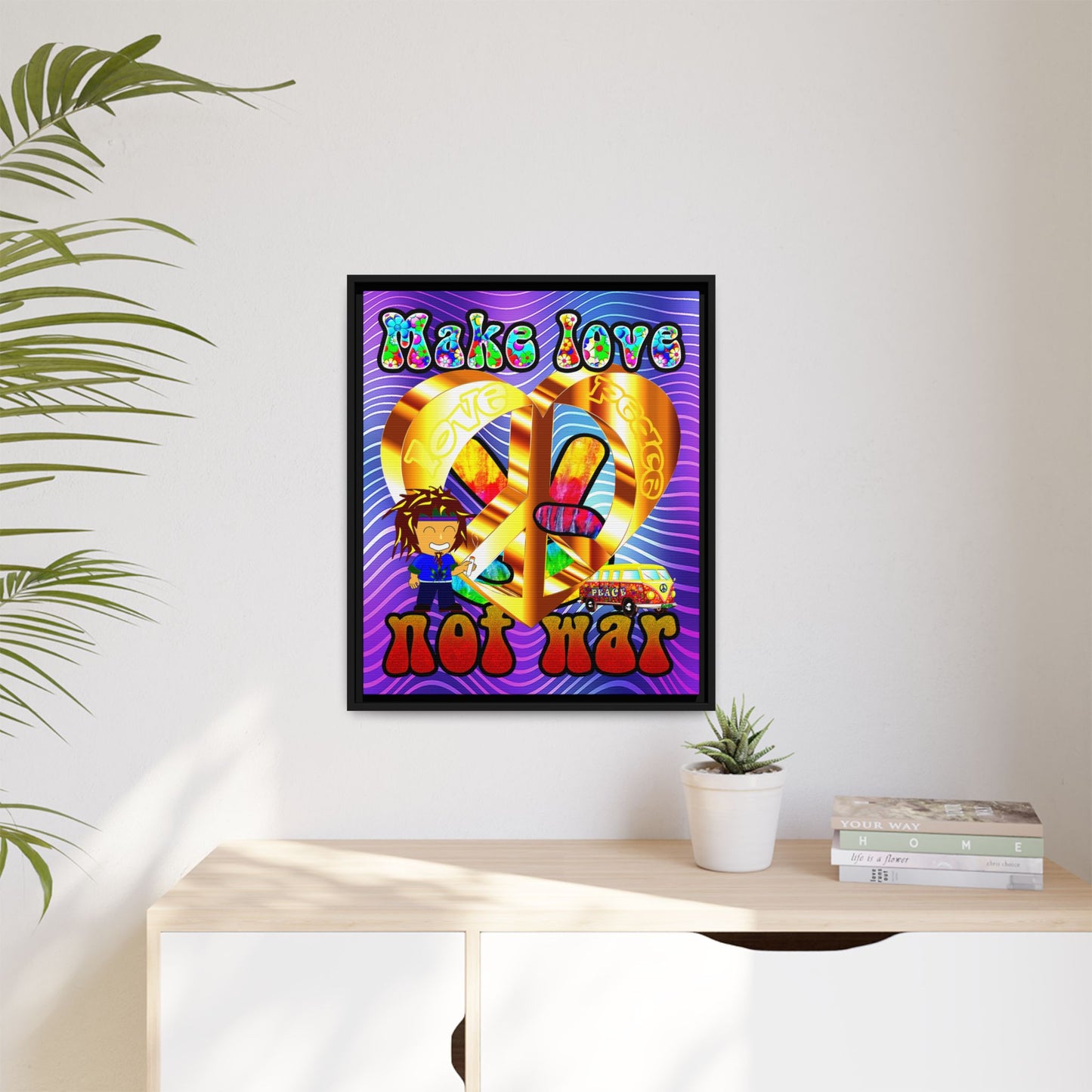 love peace - framed canvas art (purple wave)