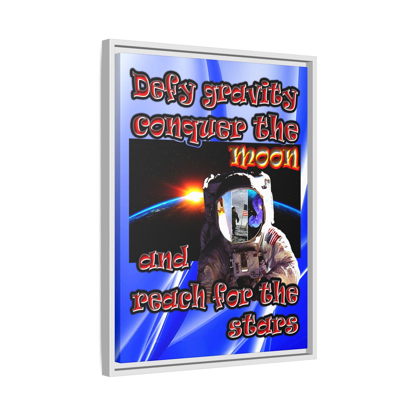 defy conquer reach - framed canvas art (blue-white wave)
