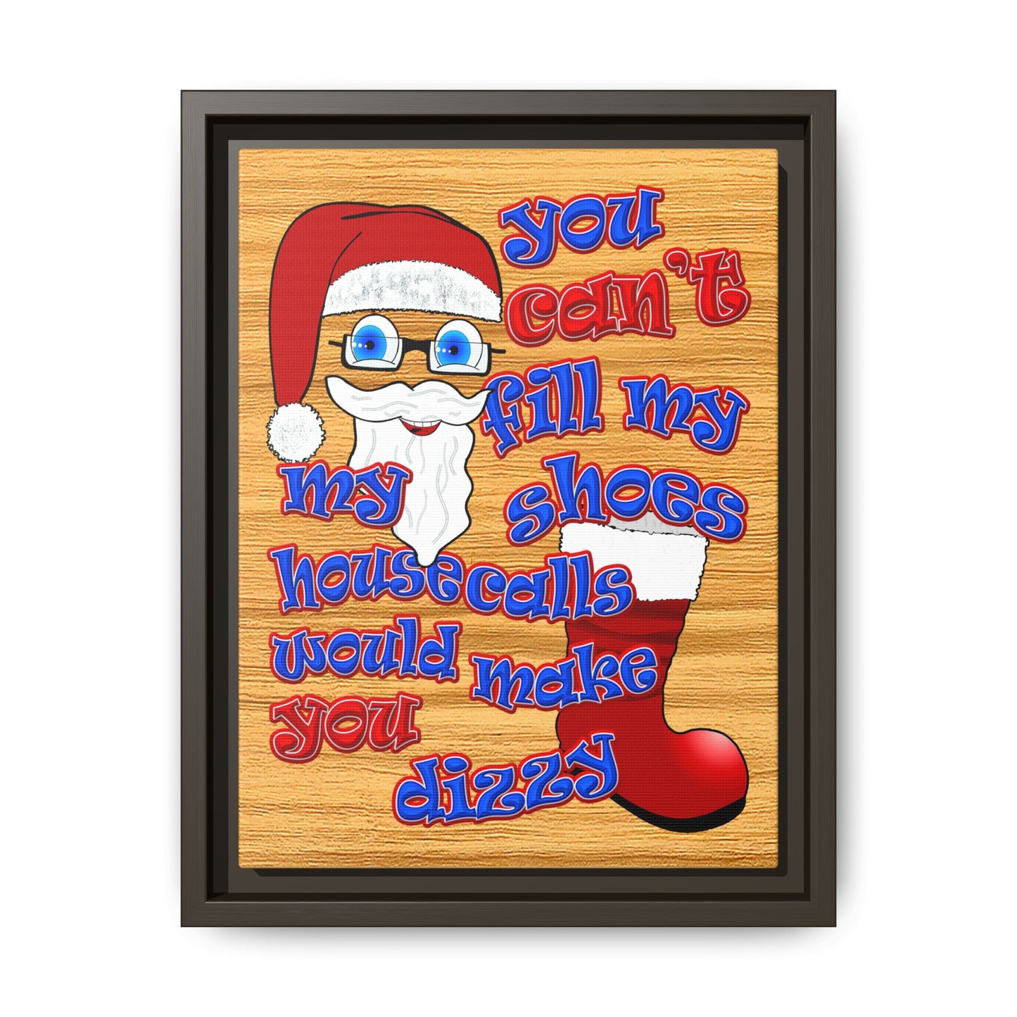 santa's shoes - framed canvas art (butterscotch wood finish)