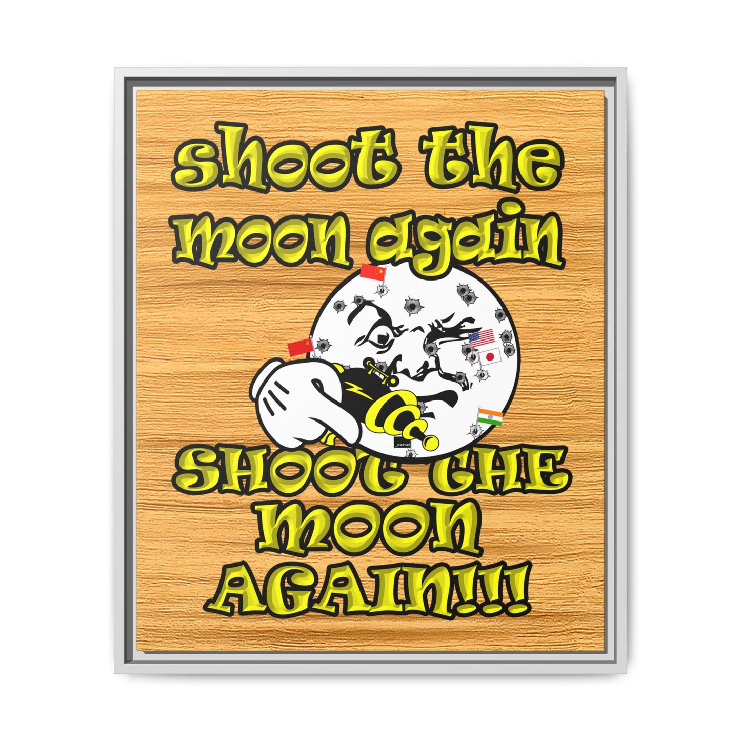 shoot the moon again - framed canvas art (butterscotch wood finish)