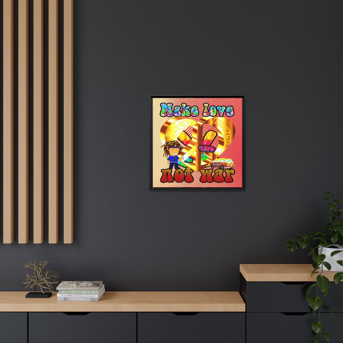 love peace - framed canvas art (yellow-orange wave)