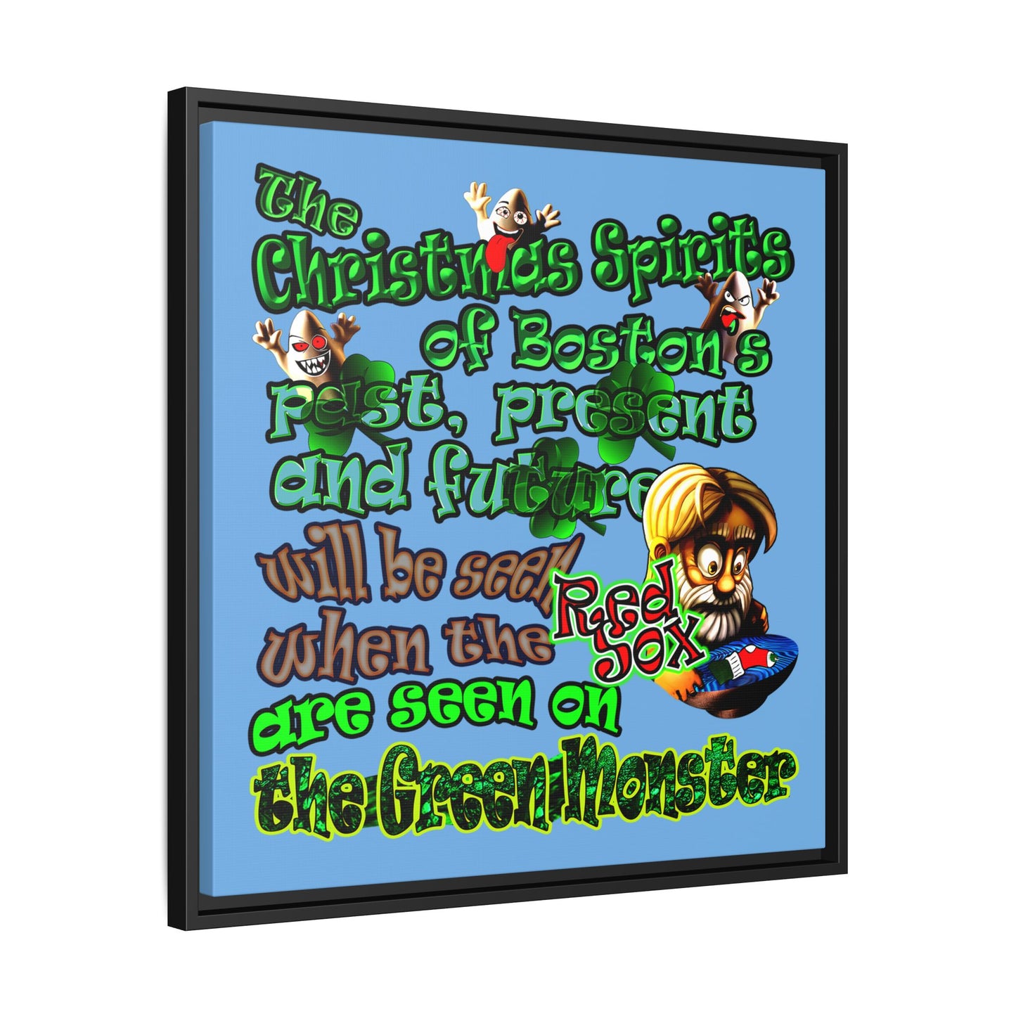 christmas spirits of boston - framed canvas art (light blue)