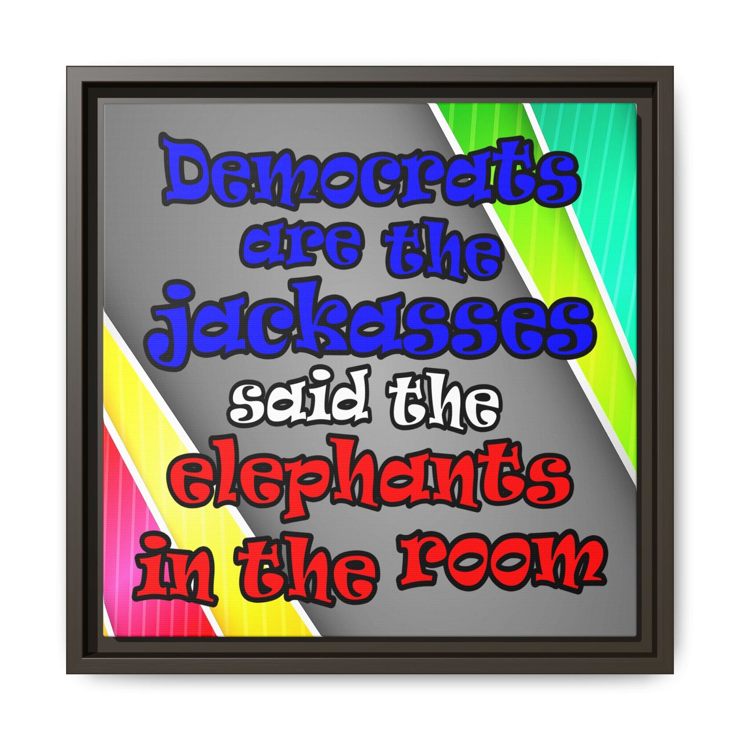 donkeys and elephants - framed canvas art (rainbow split)