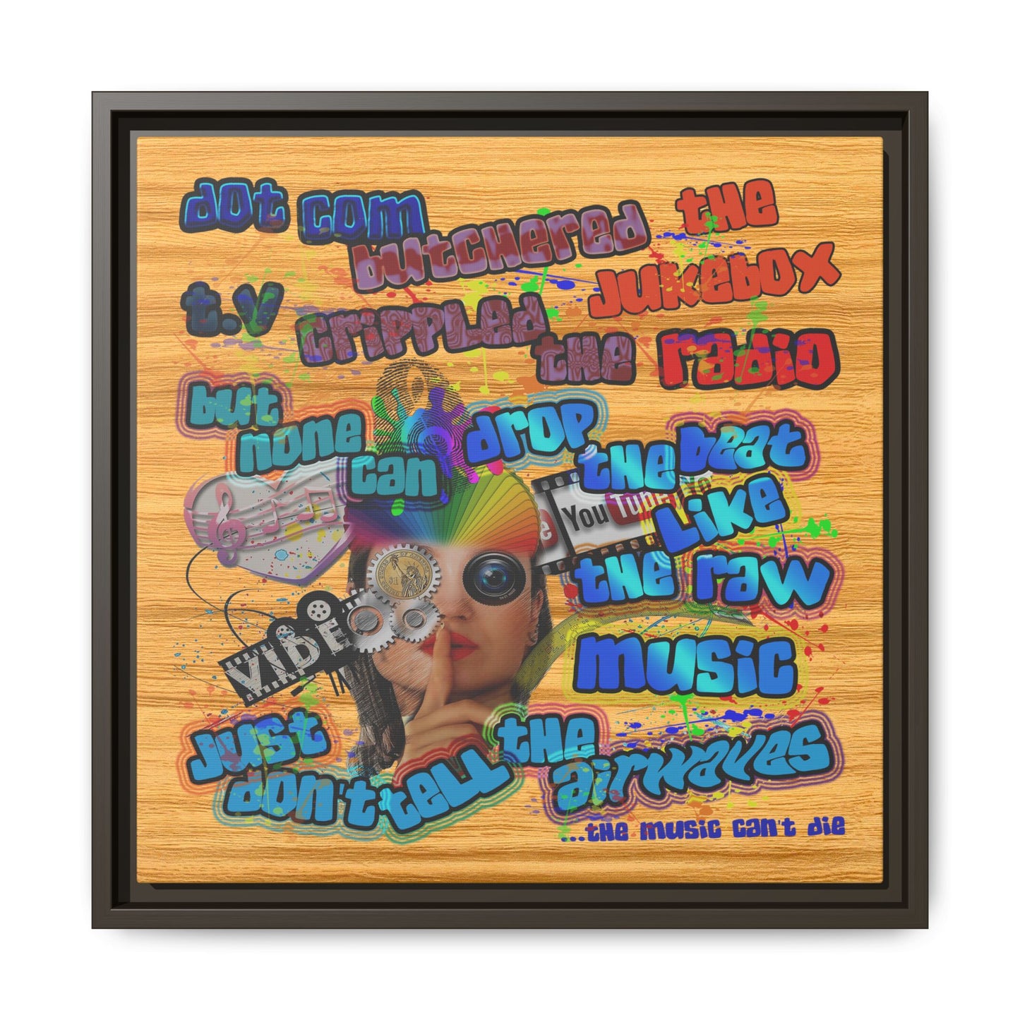 drop the beat - framed canvas art (butterscotch wood finish)