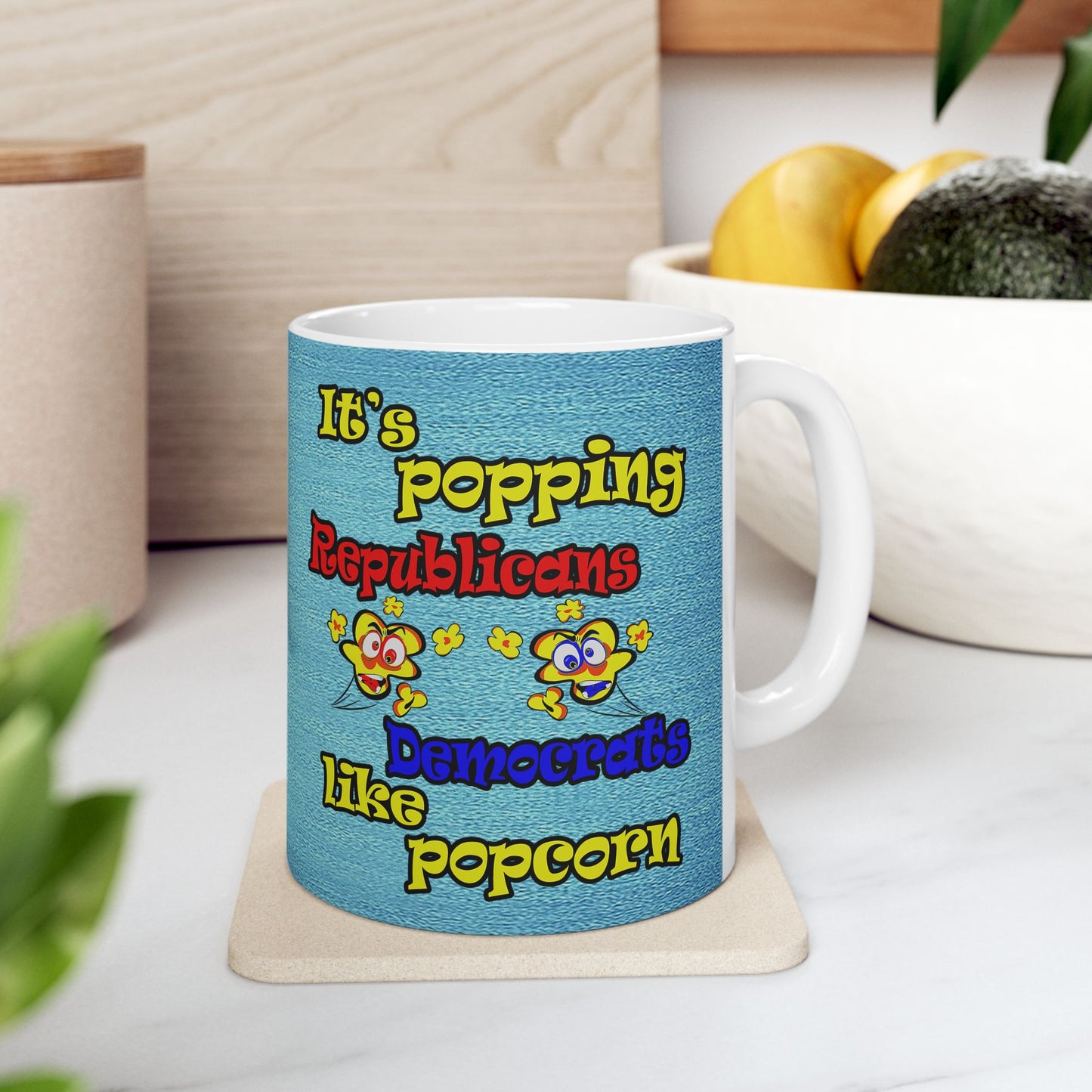 popping like popcorn - White Mug (faded dark blue)
