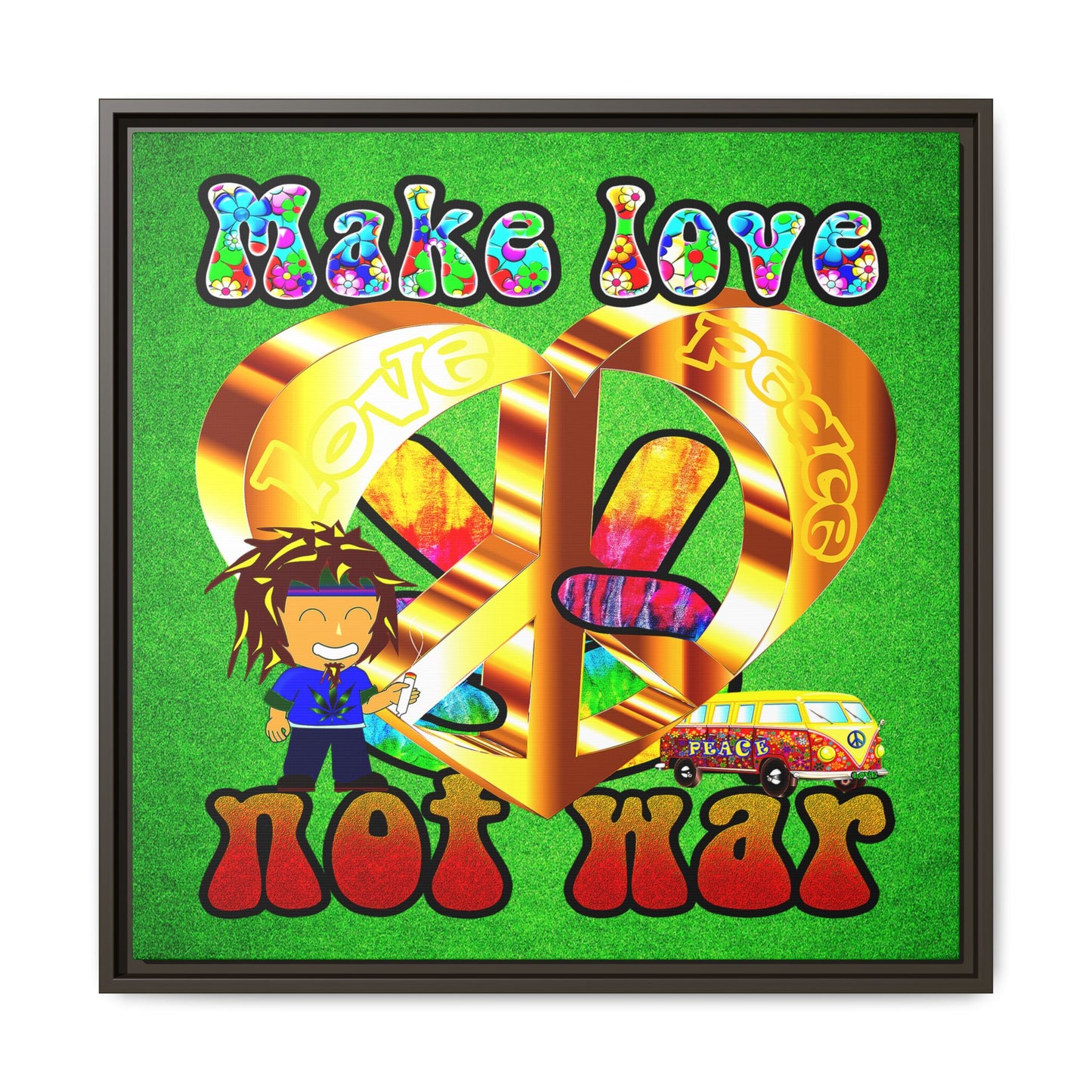 love peace - framed canvas art (green turf)