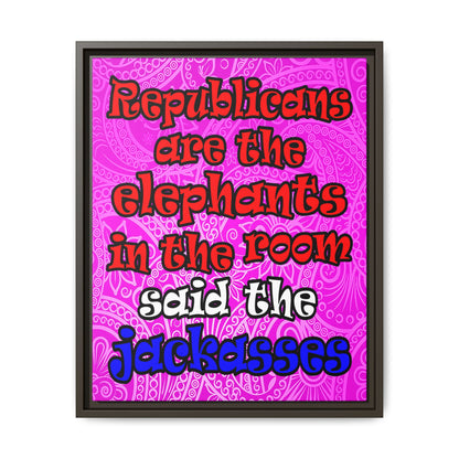 donkeys and elephants - framed canvas art (pink swirl)