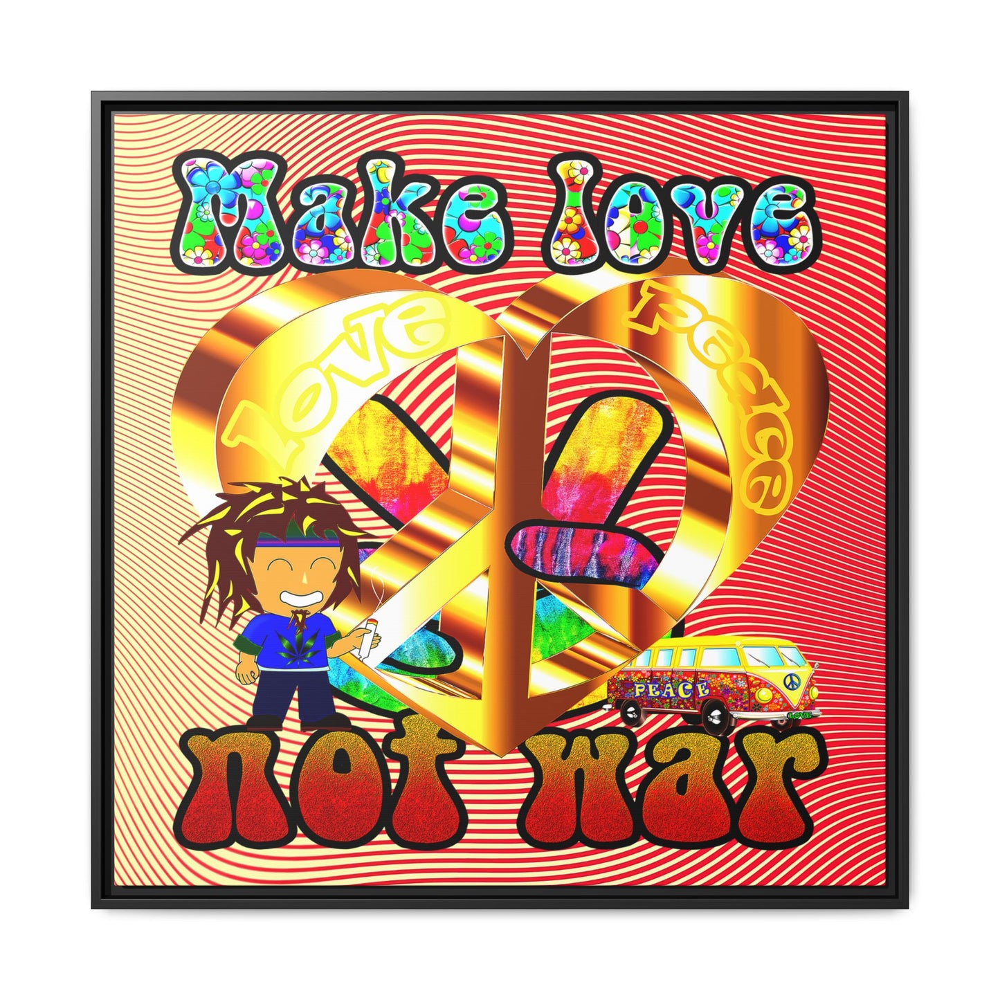 love peace - framed canvas art (yellow-orange wave)