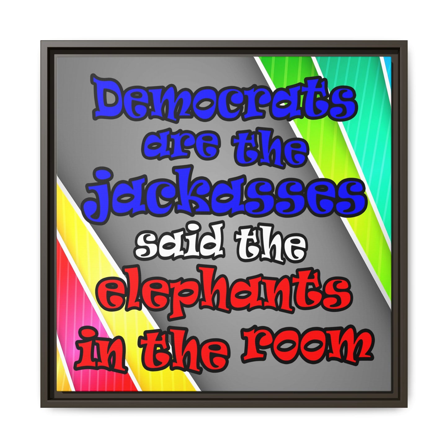 donkeys and elephants - framed canvas art (rainbow split)