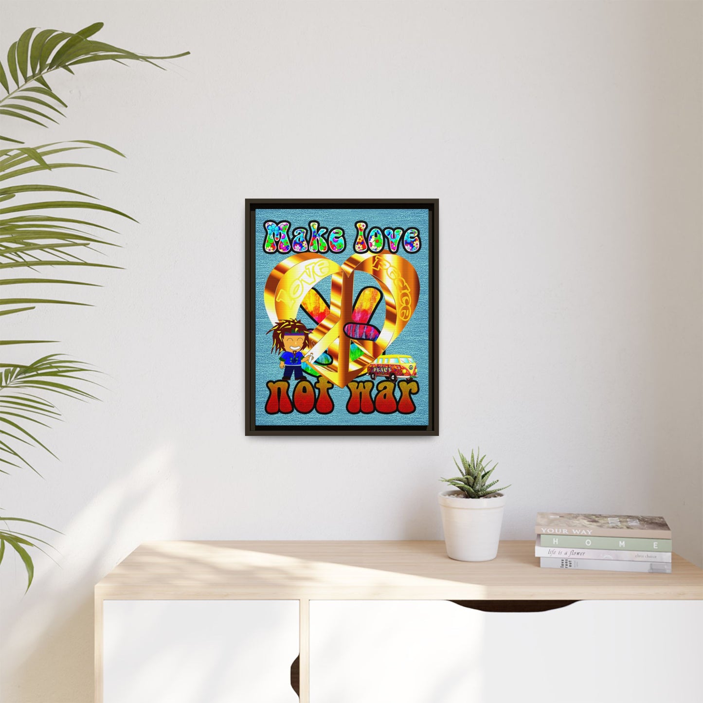 love peace - framed canvas art (faded blue)