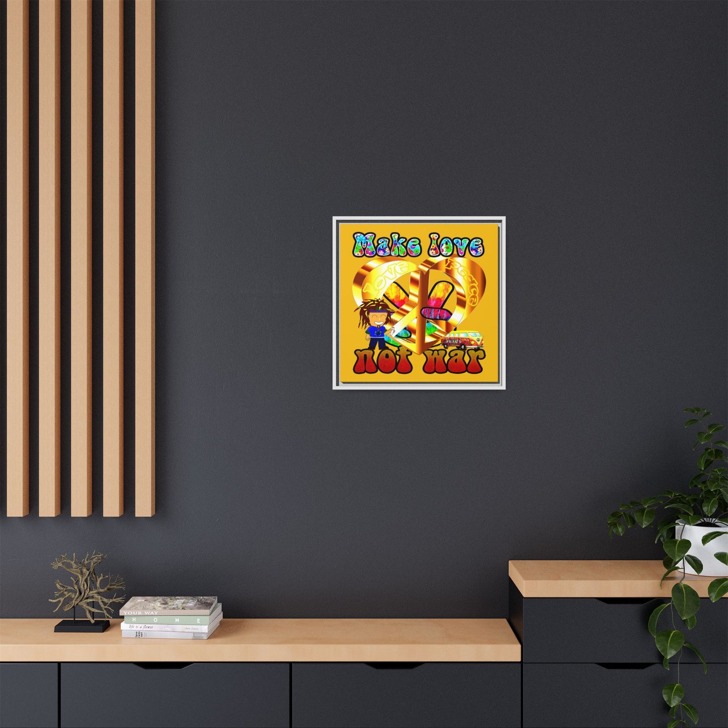 love peace - framed canvas art (yellow)