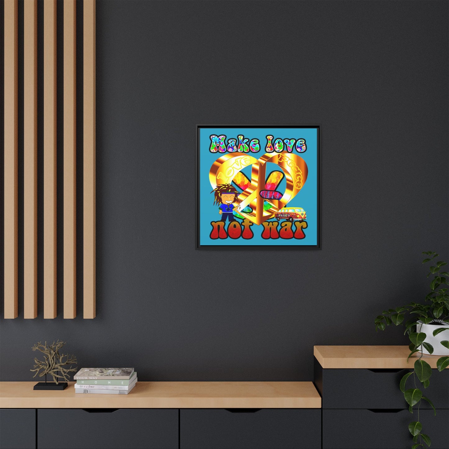 love peace - framed canvas art (turquoise)