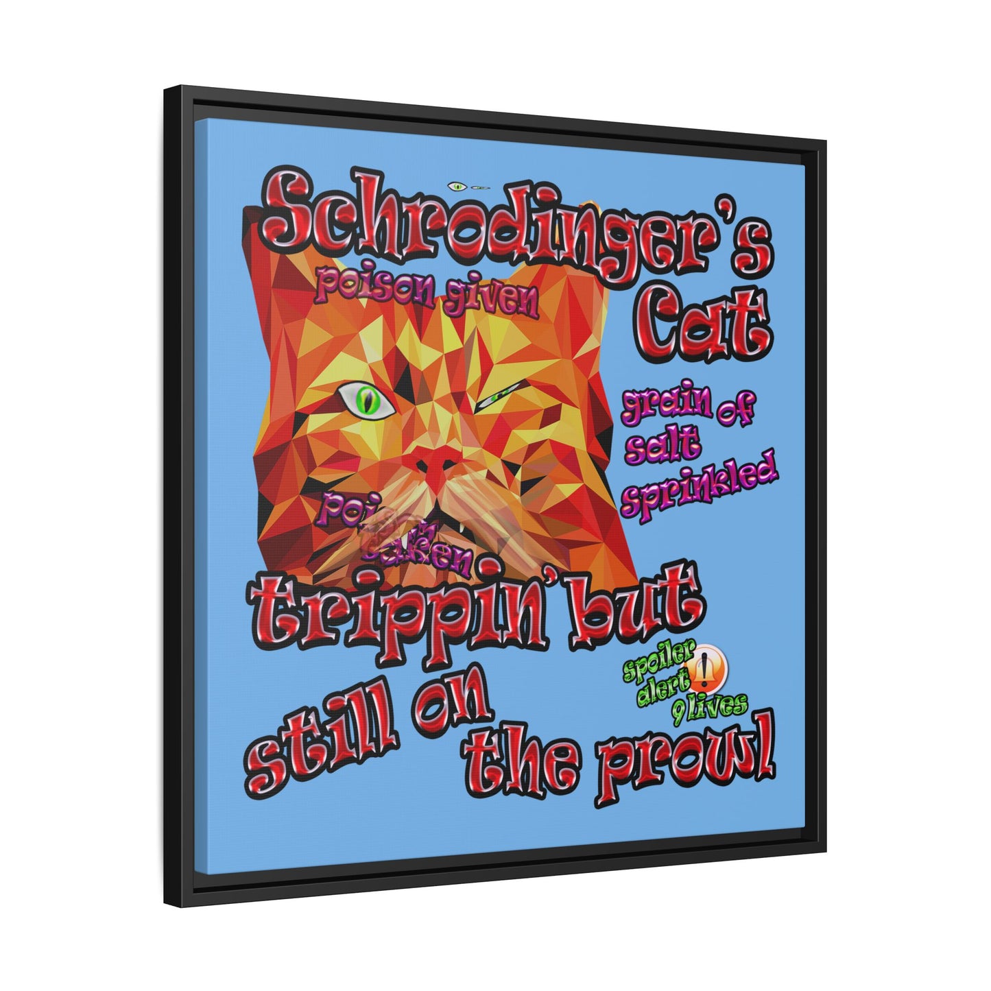 schrodinger's cat - framed canvas art (light blue)