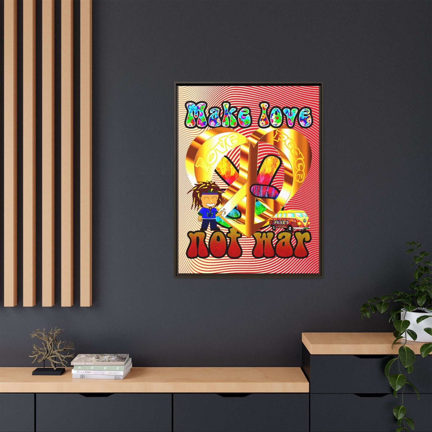 love peace - framed canvas art (yellow-orange wave)