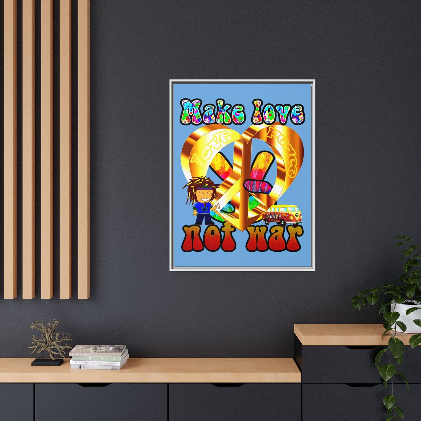 love peace - framed canvas art (light blue)
