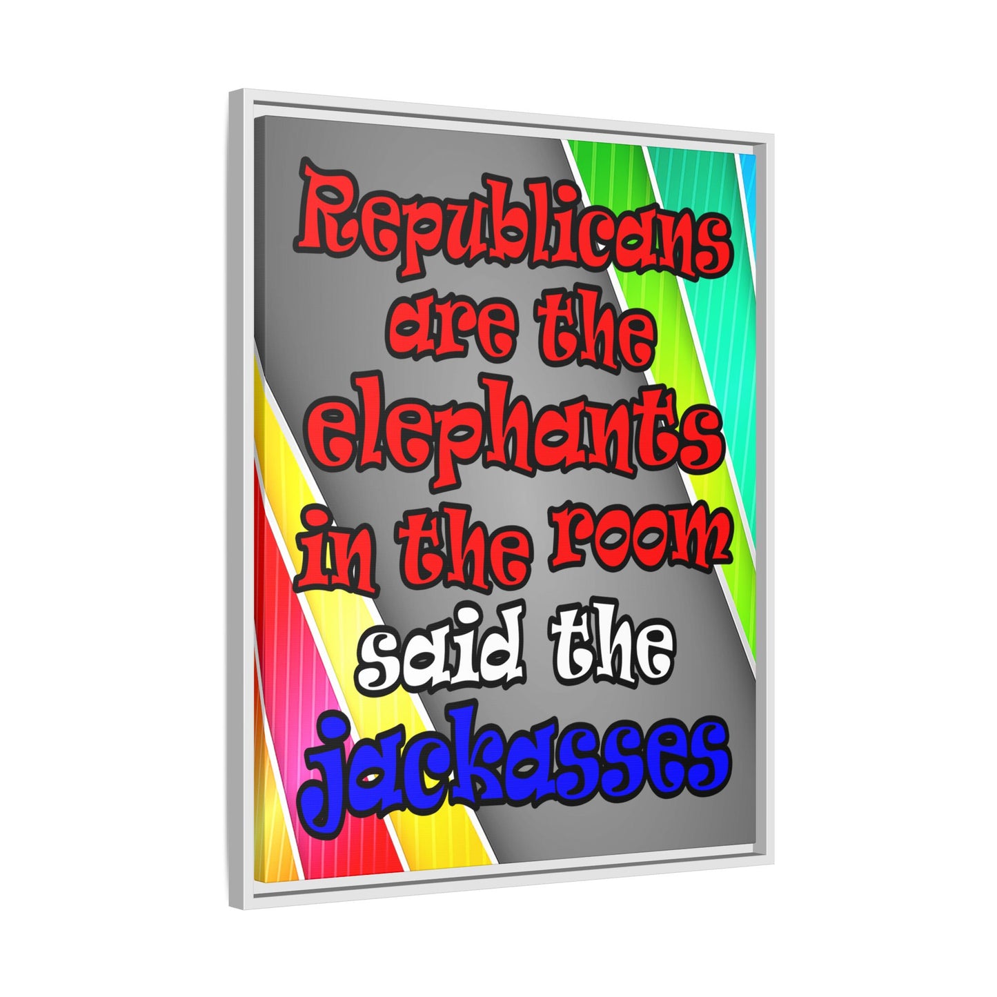 donkeys and elephants - framed canvas art (rainbow split)