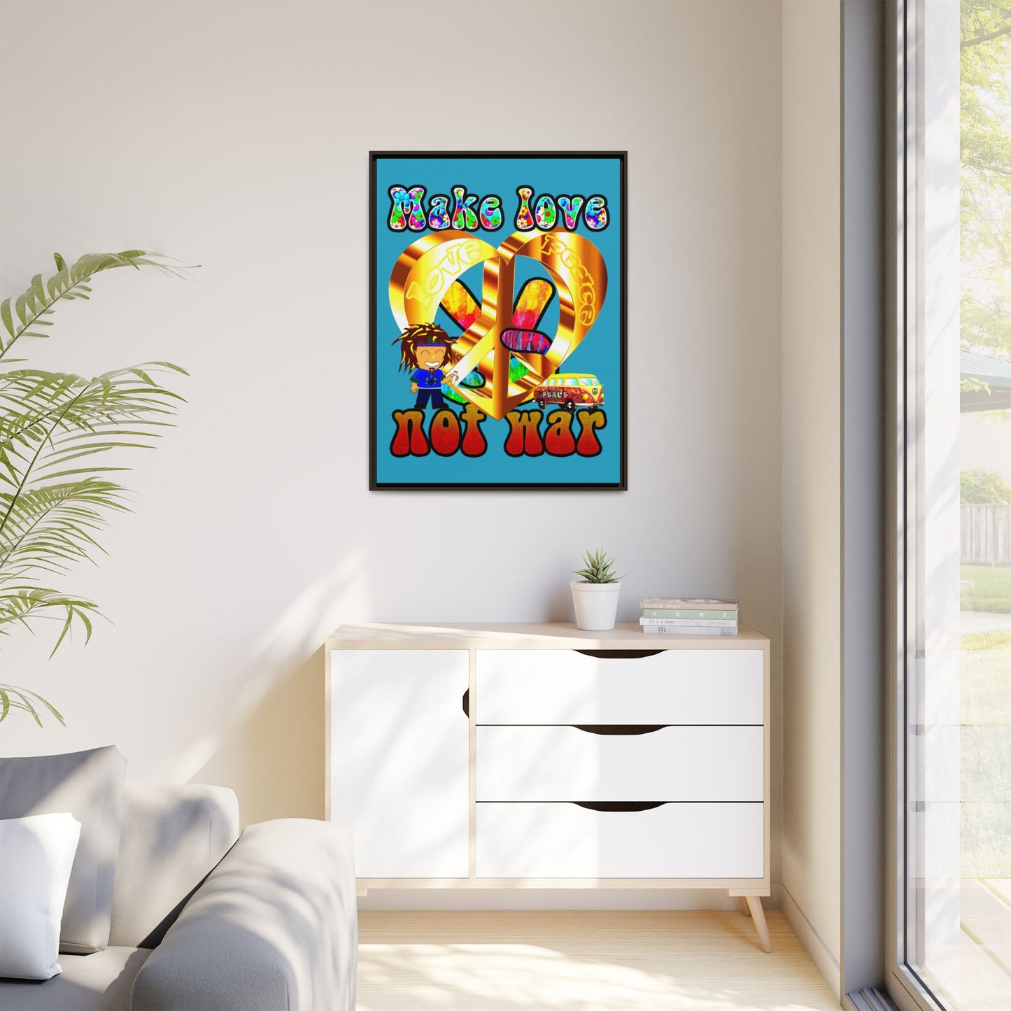 love peace - framed canvas art (turquoise)