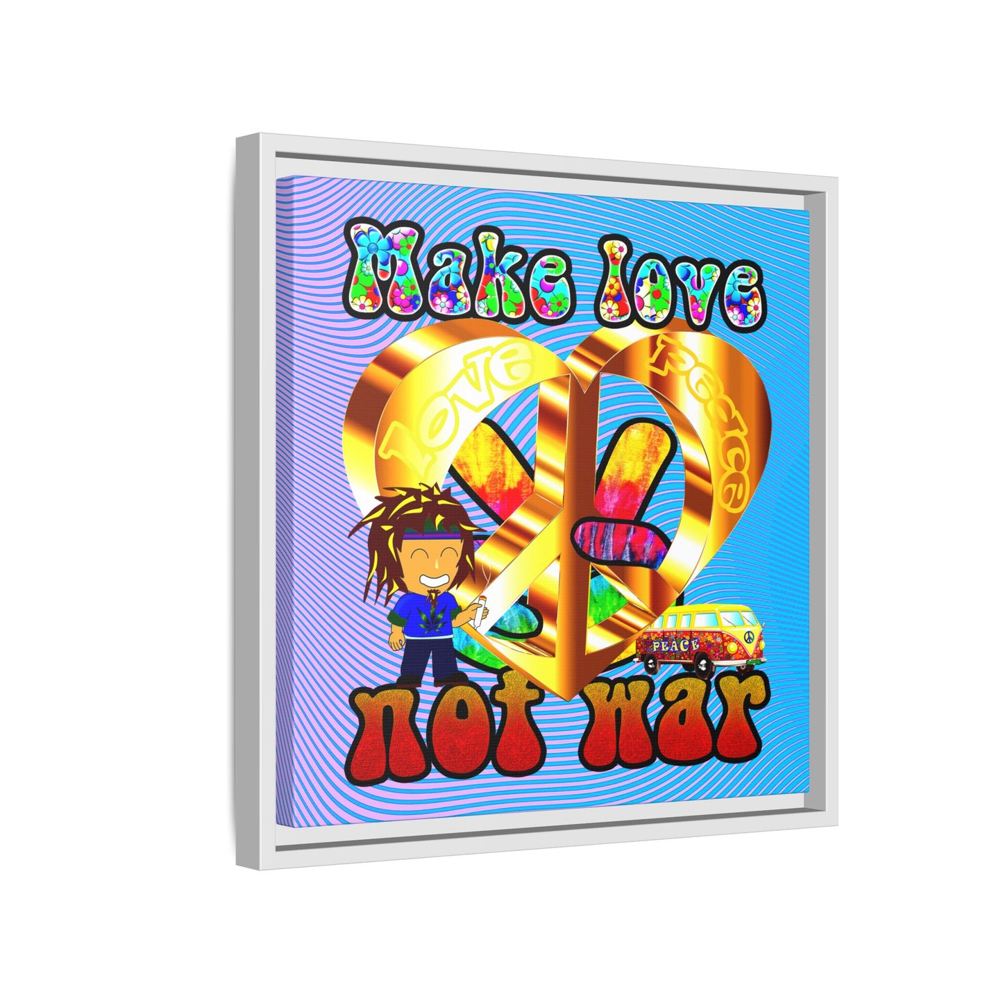 love peace - framed canvas art (light blue-purple wave)