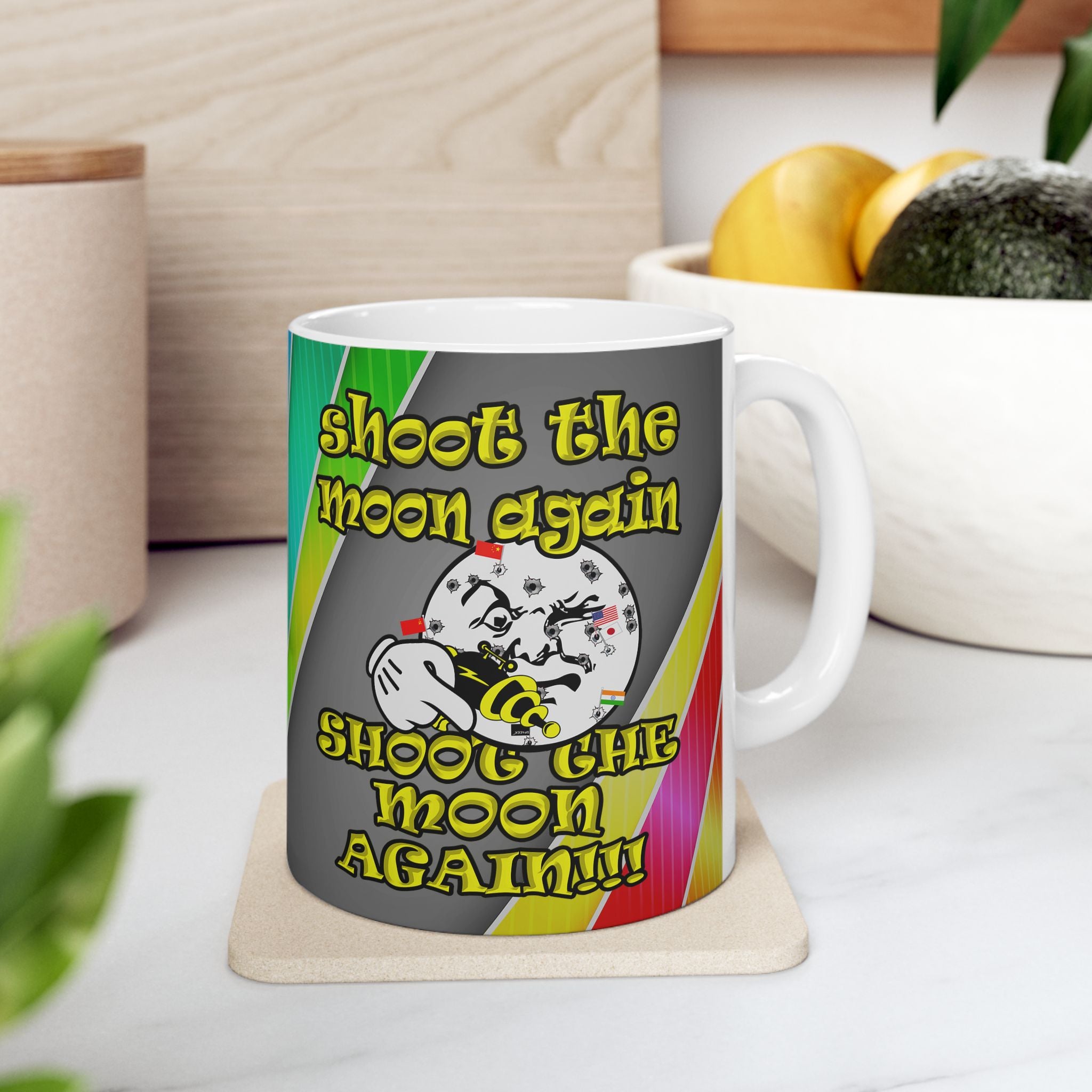 shoot the moon again - White Mug (rainbow split)