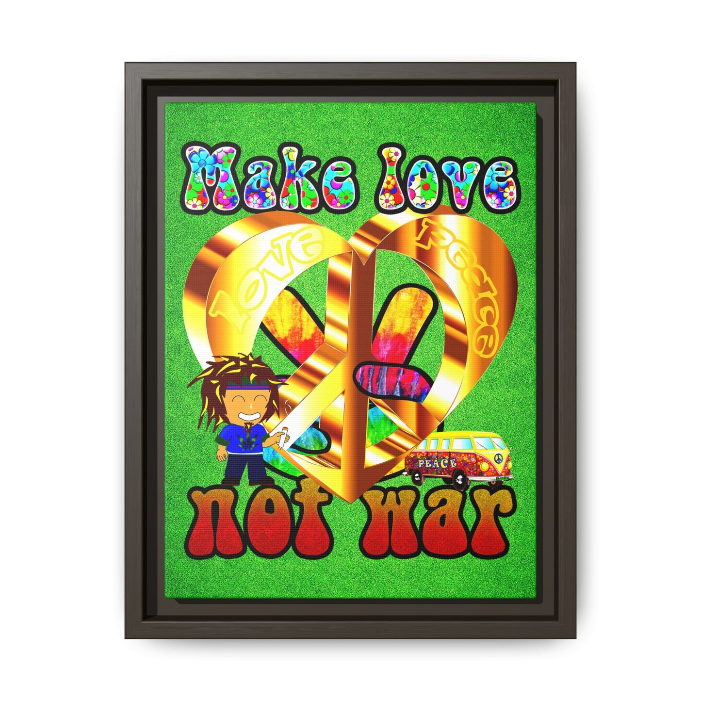 love peace - framed canvas art (green turf)