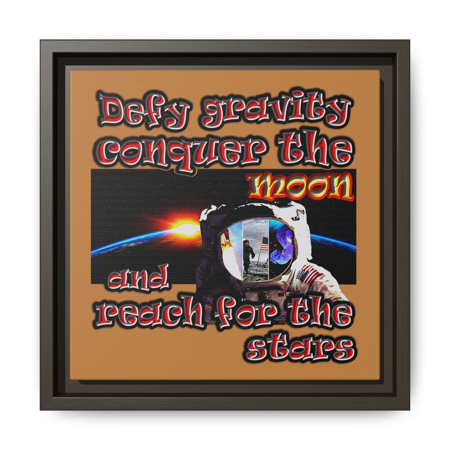defy conquer reach - framed canvas art (light brown)