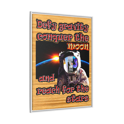 defy conquer reach - framed canvas art (butterscotch wood finish)