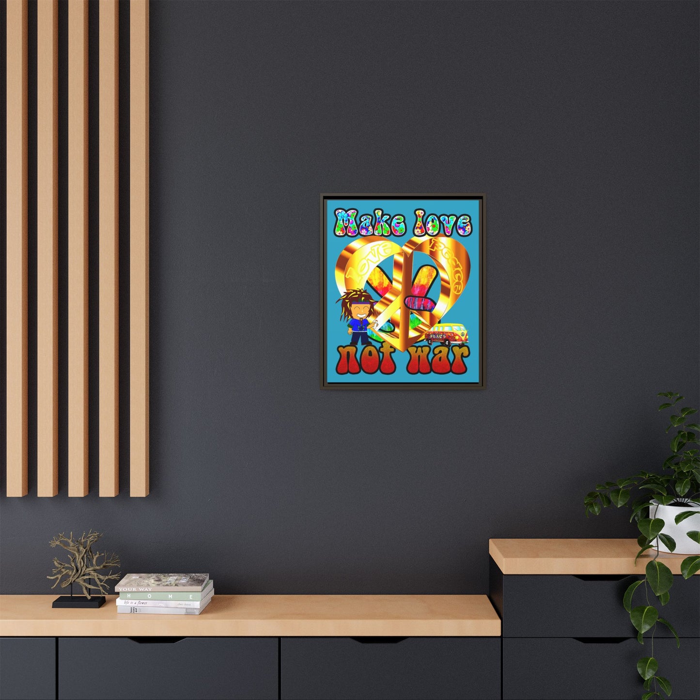 love peace - framed canvas art (turquoise)