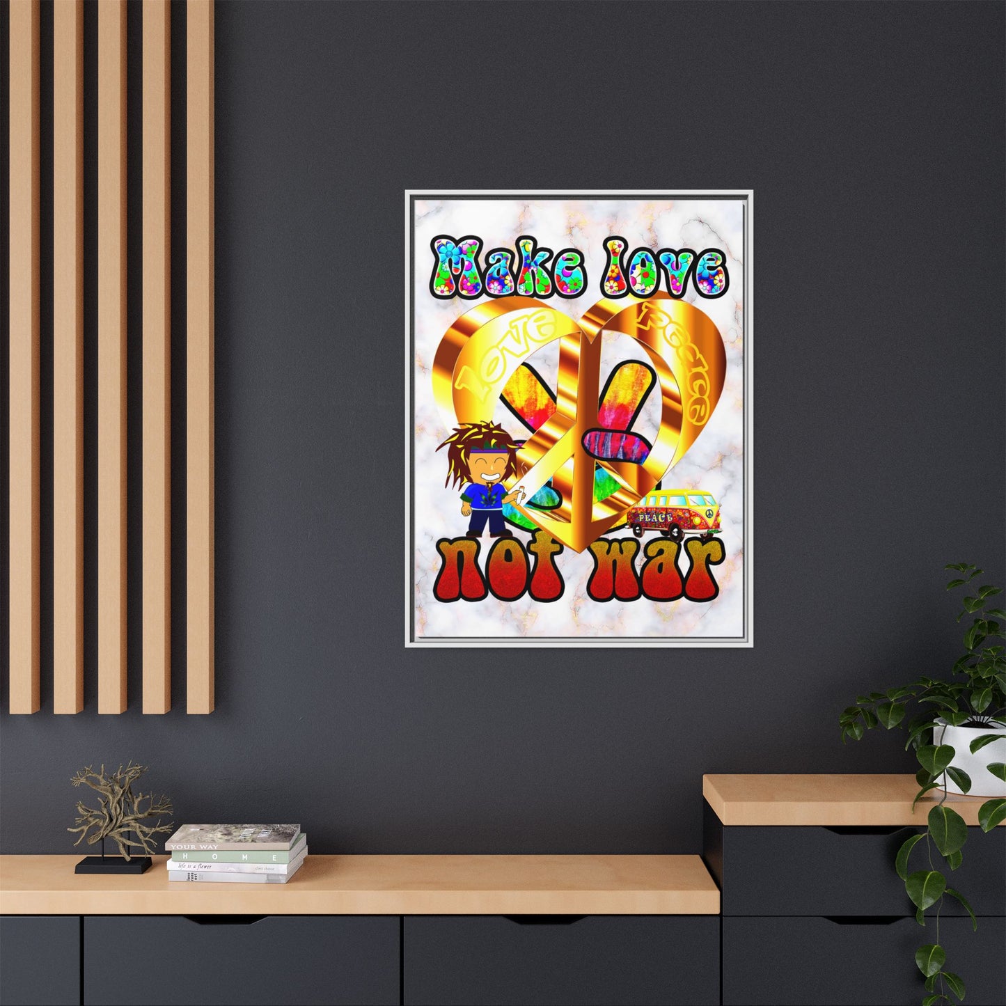 love peace - framed canvas art (white marble)