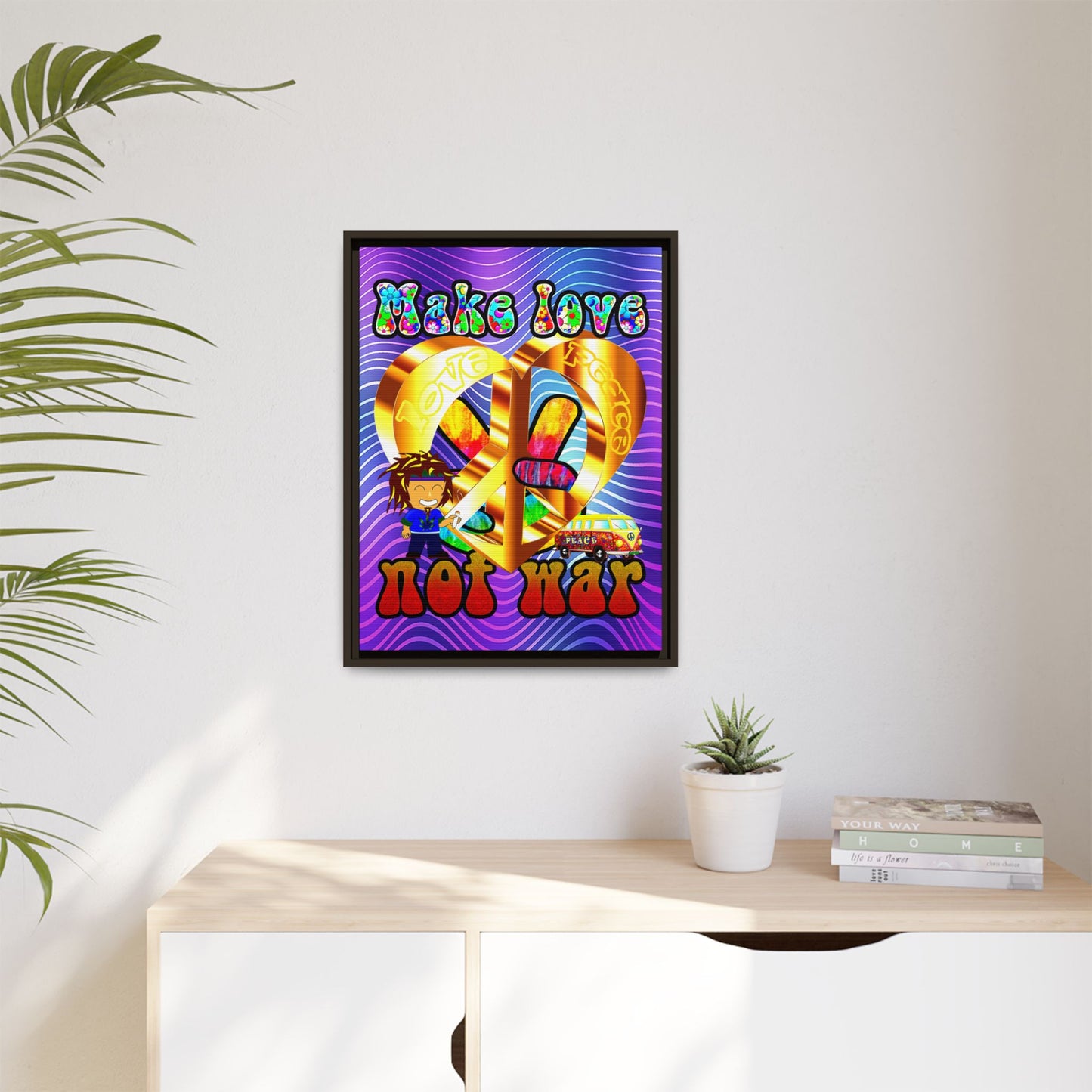 love peace - framed canvas art (purple wave)