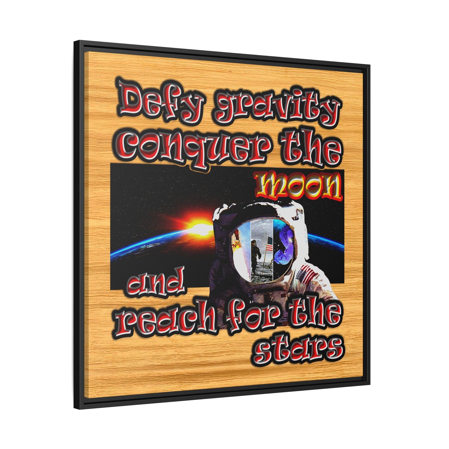 defy conquer reach - framed canvas art (butterscotch wood finish)