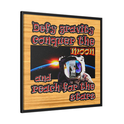 defy conquer reach - framed canvas art (butterscotch wood finish)