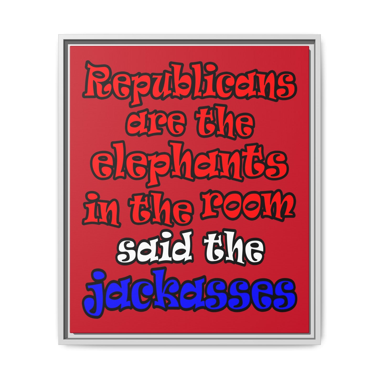 donkeys and elephants - framed canvas art (dark red)